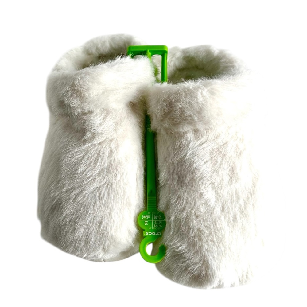 CROCS Kids Faux Fur Mittens in Light Gray with Green Hanger